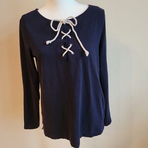 Talbots Blue Tie Front Blouse, Nautical Cotton Shirt